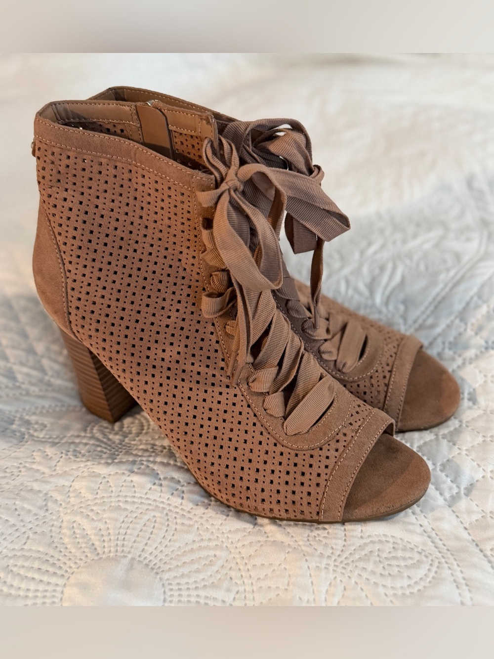 Women's Taupe Lace-Up Peep-Toe Block Heel Booties, Circus by Sam Edelman